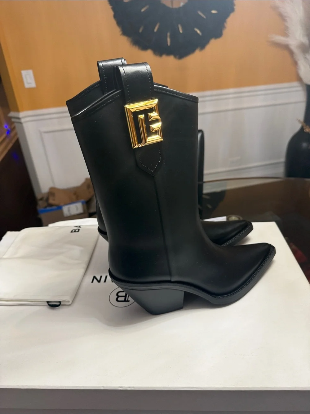 Balmain Black Leather Western Ankle Boots with Gold Logo Plaque